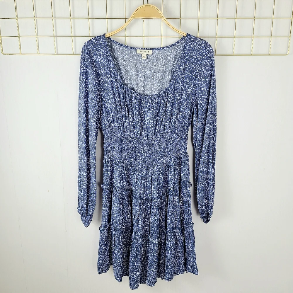 Stellah Blue White Dot Print Smocked Waist Milkmaid Long Sleeve Dress